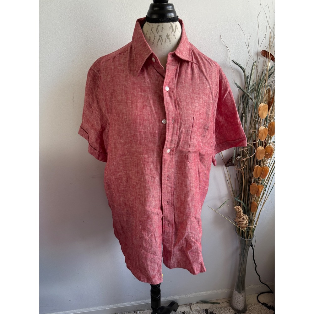 Grant Thomas Mens Red Pure Linen Short Sleeve Button Up‎ Shirt Large Pocket